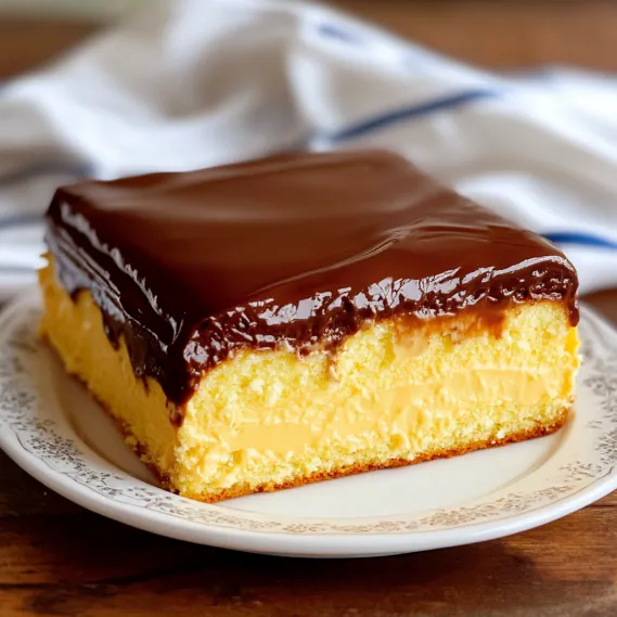 A plate with a slice of cake and chocolate frosting.
