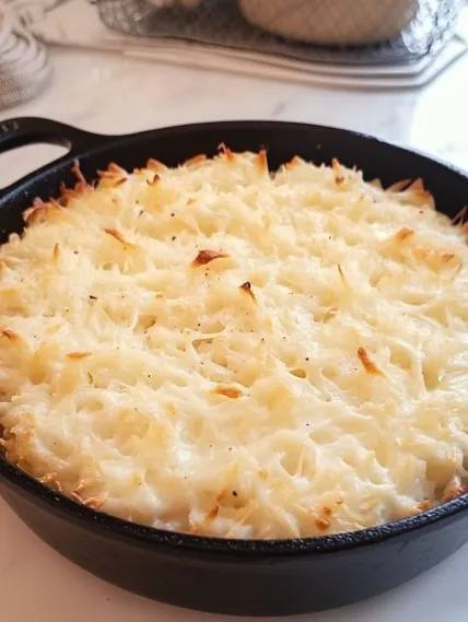 A pan of food with a black handle.