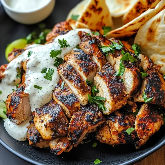 A serving of shawarma drizzled with creamy sauce.