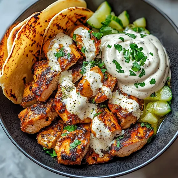 A dish containing chicken, sauce, and fresh vegetables.