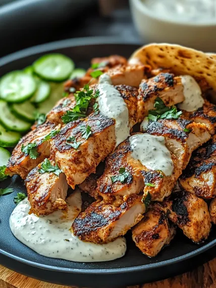 A serving of meat with cucumber slices on the side.