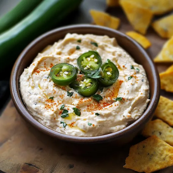 A creamy jalapeño dip garnished with fresh peppers.