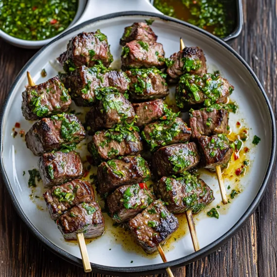 A dish of steak with fresh green sauce.