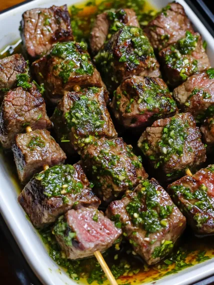 Juicy steak bites topped with fresh green herb mixture.