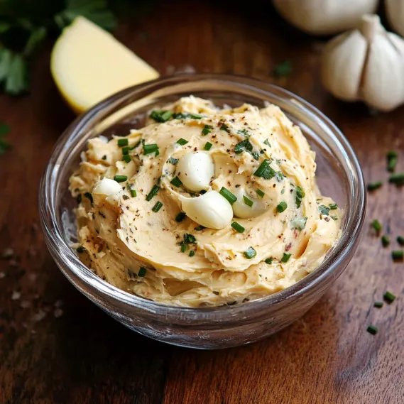 Bowl of creamy garlic butter garnished with green onions.