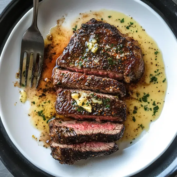 A close-up meal featuring juicy steak with a fork.