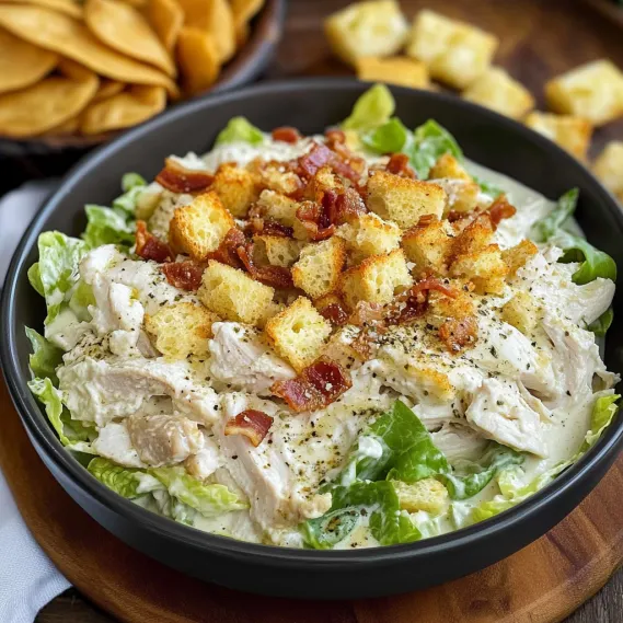 A salad bowl topped with bacon bits.