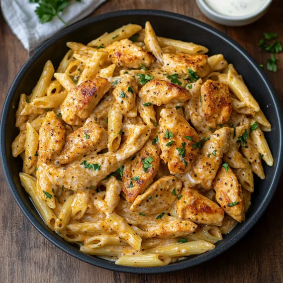 A bowl of pasta and chicken.