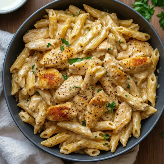 A bowl of pasta with chicken and cheese.