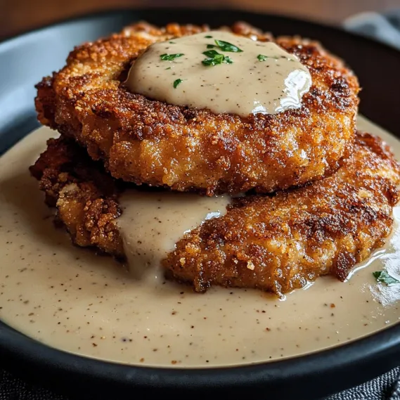 A plate of golden fried pork chops with creamy bacon gravy.
