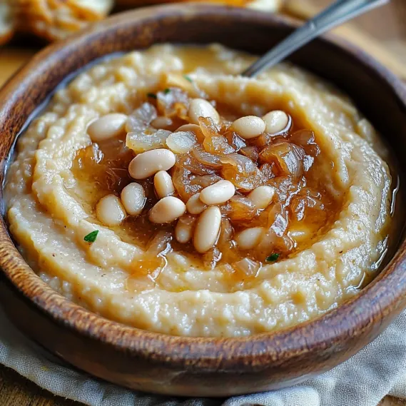 A bowl of creamy bean dip topped with caramelized onions.