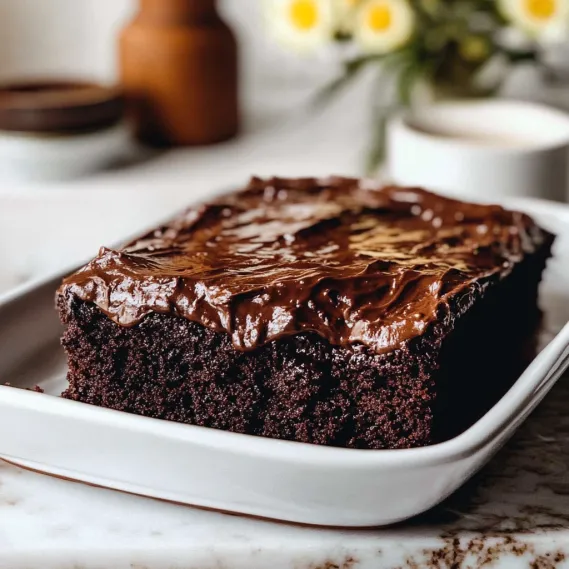 A frosted chocolate cake sitting on a plate.