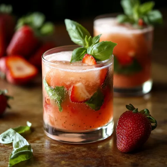 A refreshing strawberry and mint drink in a glass.