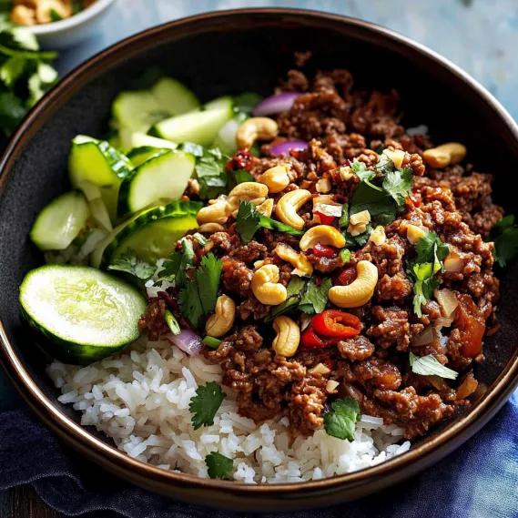 A dish combining rice, beef, and veggies for a balanced meal.