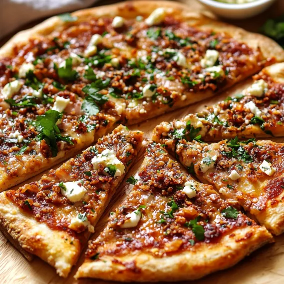 Flatbread topped with cheese and meat, garnished with herbs.