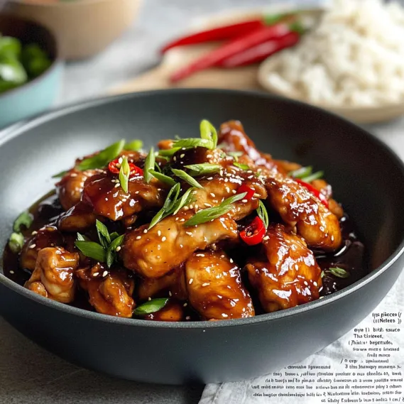 Bowl of chicken topped with sauce and peppers.