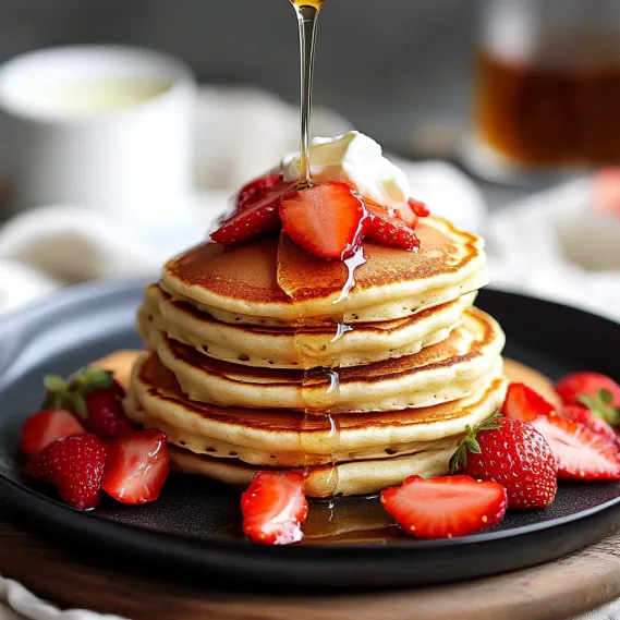 Pancake stack topped with strawberries and syrup.