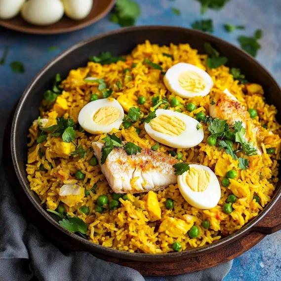 A hearty bowl of rice, eggs, and peas.