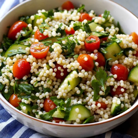 A vibrant bowl with colorful vegetables and couscous.