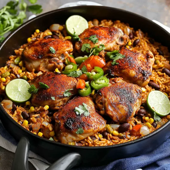 Chicken and veggies in a pan, ready to eat.