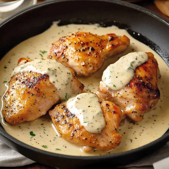 A skillet with creamy chicken.