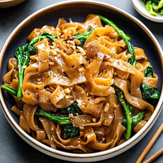 A bowl of wide rice noodles mixed with veggies and toppings.