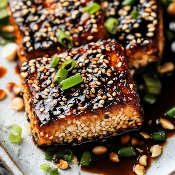 A delicious golden tofu plate with sesame and teriyaki.