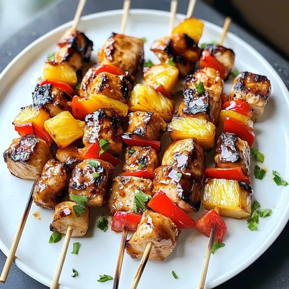 A meal with chicken, veggies, and pineapple on skewers.