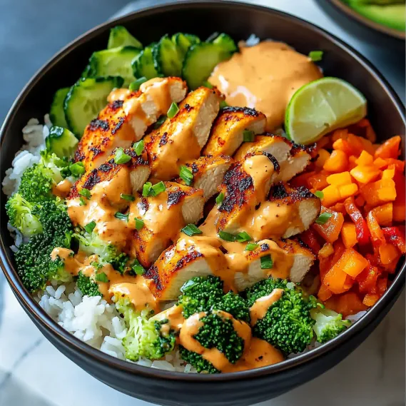 A bowl filled with rice, broccoli, chicken, and carrots.