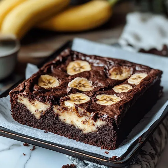 Chocolate-covered square slice with bananas around.
