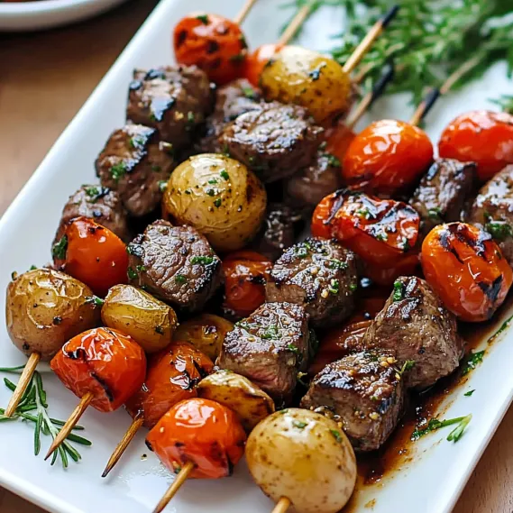 Steak skewers with veggies like tomatoes and potatoes on a plate.