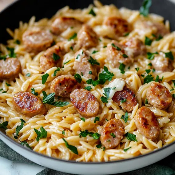A delicious bowl of pasta served with sausage and fresh greens.