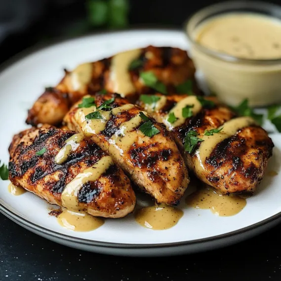 A serving of chicken topped with creamy sauce.
