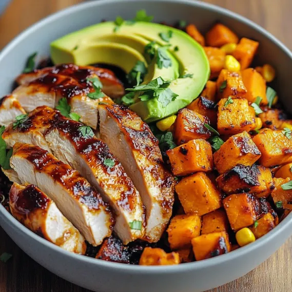 A bowl loaded with chicken, avocado, and veggies.