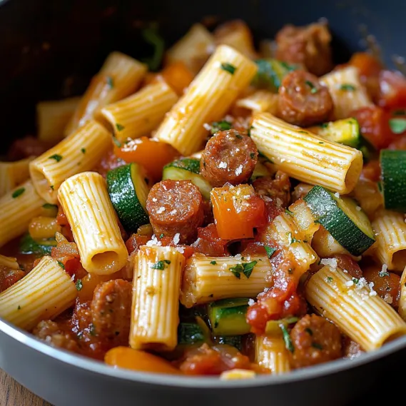 A pasta bowl with sausage and fresh veggies.