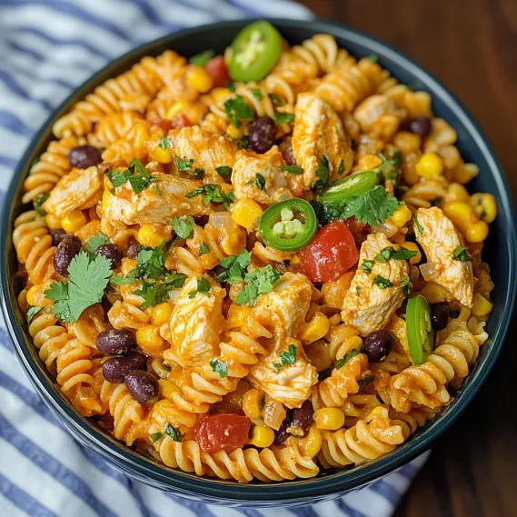 Bowl of pasta with chicken and veggies.