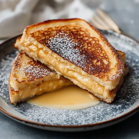 Two buttery golden toast slices with a creamy topping on a plate.