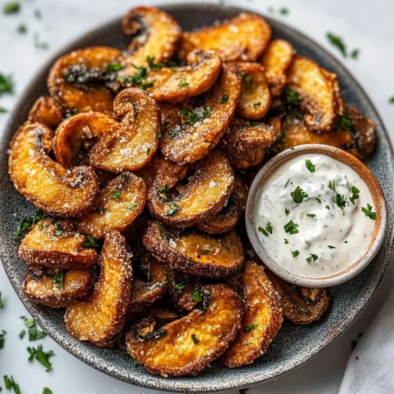 Golden mushrooms served with creamy ranch dip.