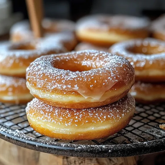 Donuts stacked up with a light dusting of powdered sugar.