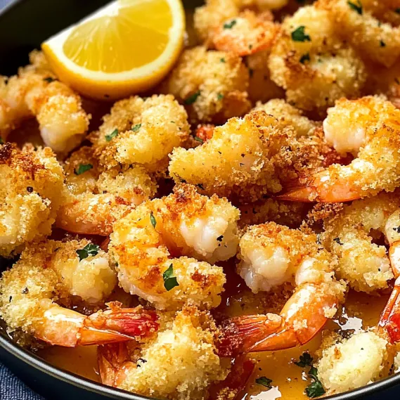 Shrimp and scallops garnished with lemon wedge in a bowl.
