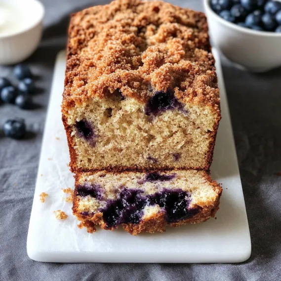 Moist loaf slice topped with blueberries.