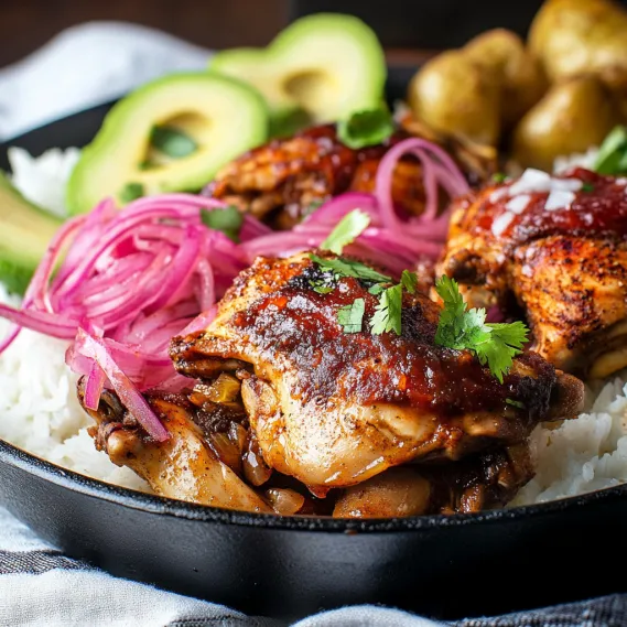 A dish featuring rice, chicken, and vegetables.