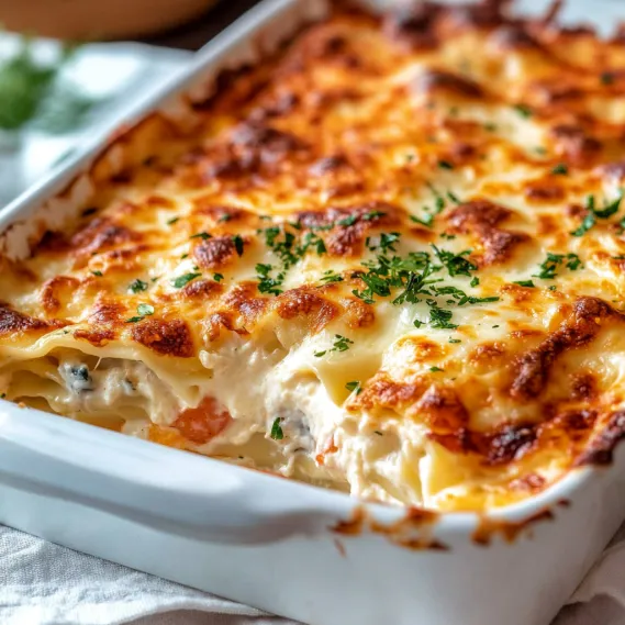 A white bowl with baked lasagna layered inside.