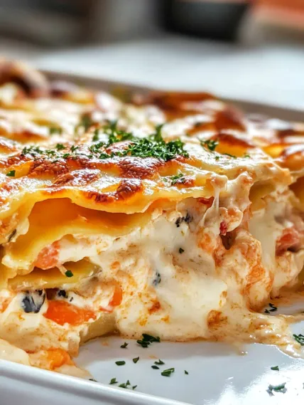 A slice of lasagna with cheese and herbs.
