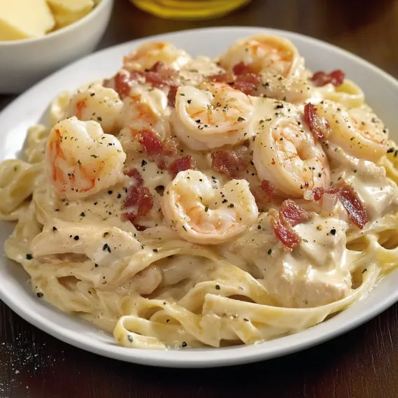 Shrimp and pasta plated.