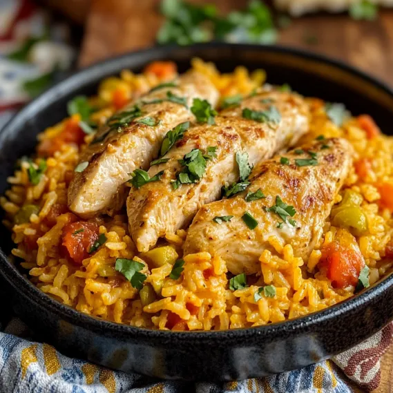 A dish with chicken, rice, and colorful vegetables.