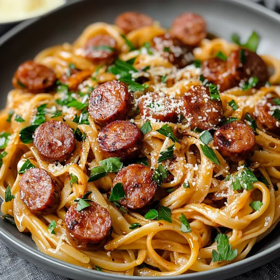 A dish of pasta with cheese and sausage toppings.