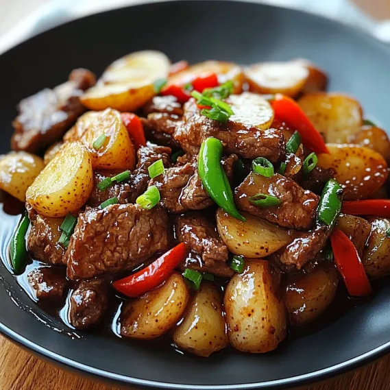 A delicious plate with beef and vegetables.