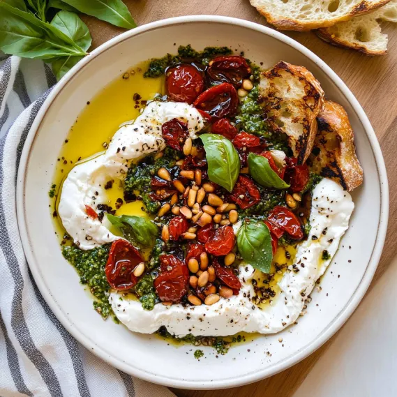 A vibrant bowl of toppings with burrata, basil, and fresh bread.