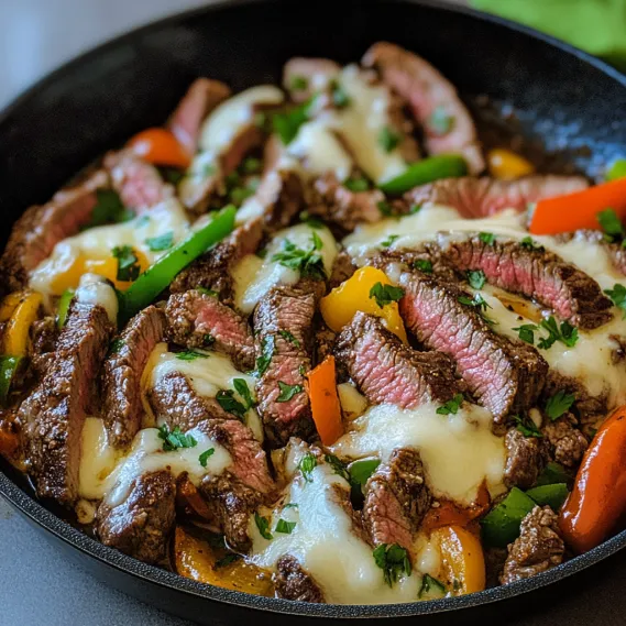 A skillet full of steak and veggies.